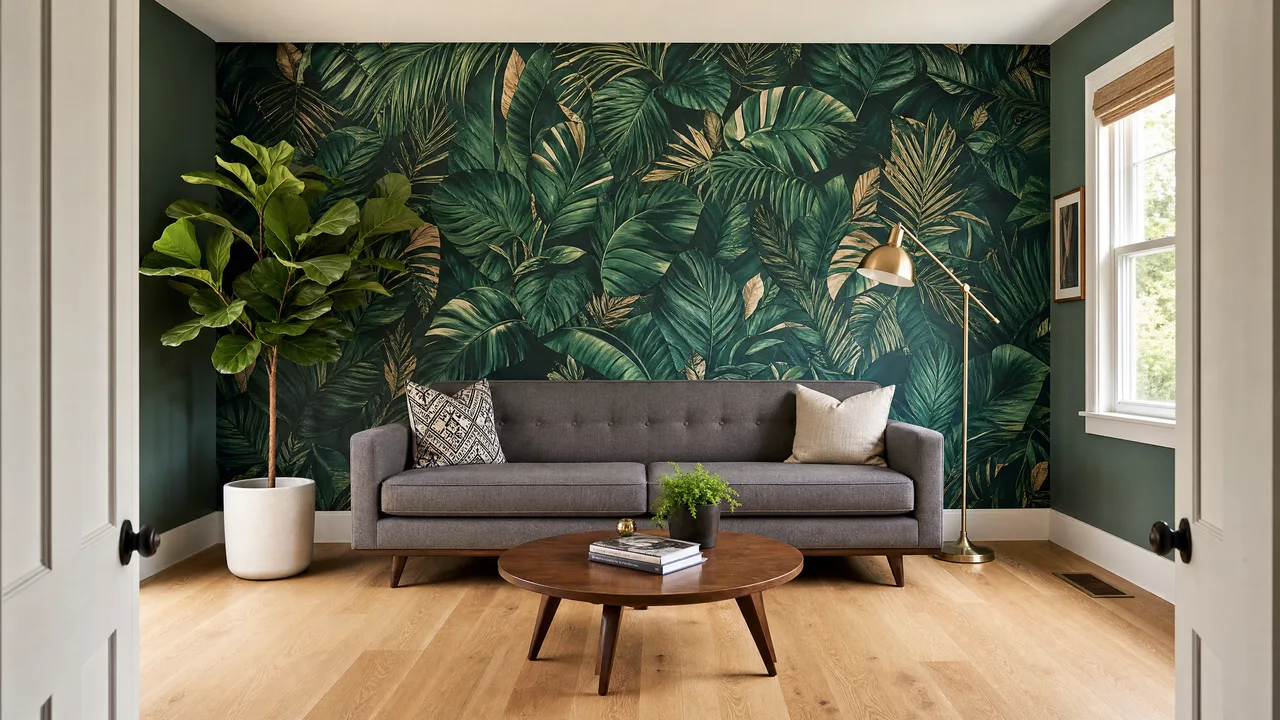 Living room after botanical wallpaper installation